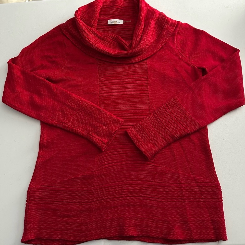 EUC CALVIN KLEIN Sweater Womans Red Cable Knit Cowl Neck Long Sleeve Pullover